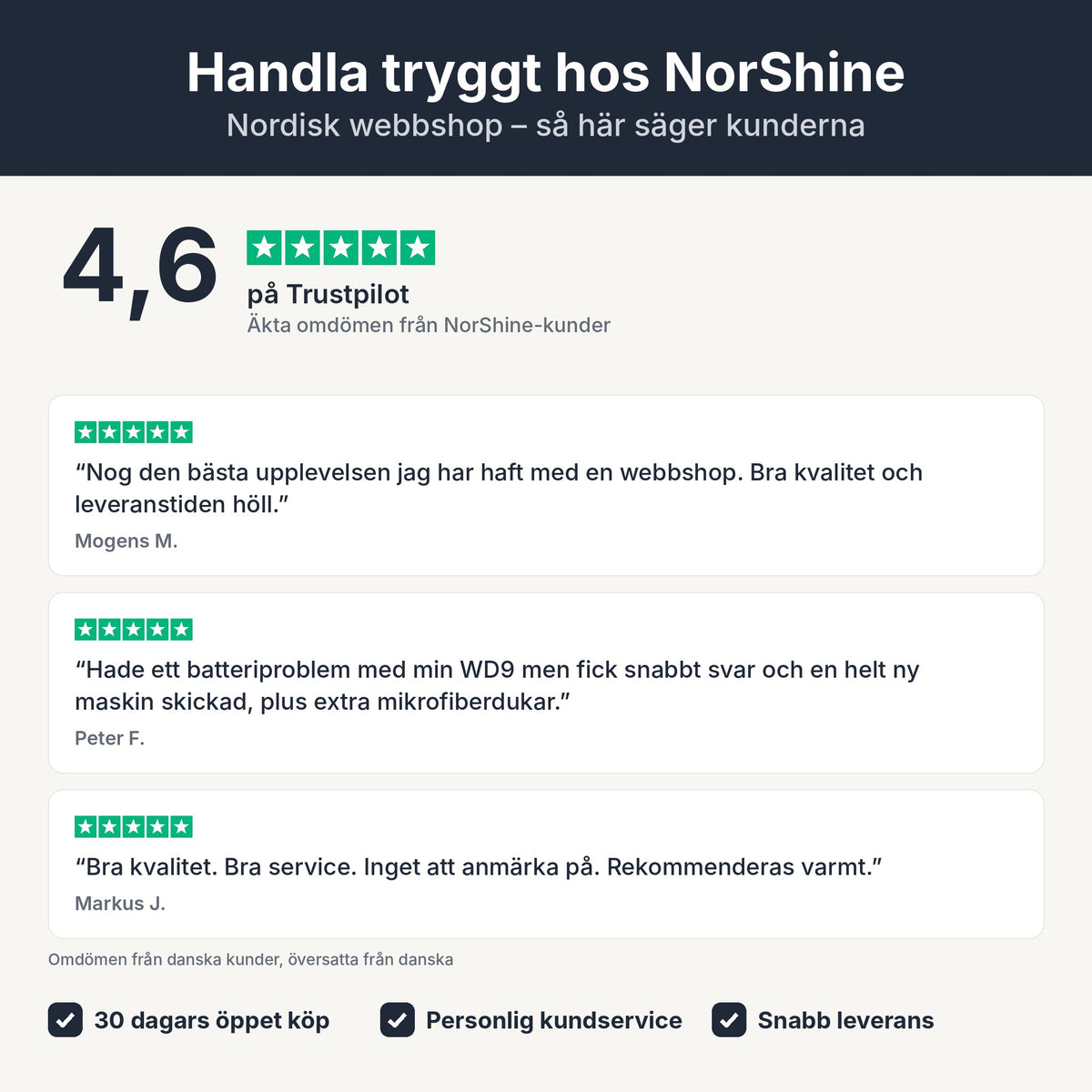 SV – Handla tryggt hos NorShine – 4,6 på Trustpilot