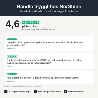 SV – Handla tryggt hos NorShine – 4,6 på Trustpilot