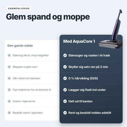 DA – AquaCore 1 sammenlignet med spand og moppe